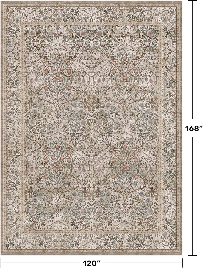 Washable 10x14 Living Room Rug - Moss Green Large Area Rug for Dining Room Under Table, Low Pile Non-Slip Floor Carpet for Bedroom Under Bed - Neutral Taupe Design & Stain Resistance