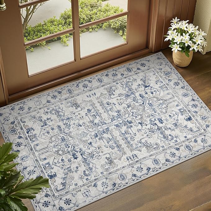 jinchan Lima 2x3 Entryway Washable Rug - Non-Slip Indoor Distressed Doormat Small Rug Low Pile Ultra-Thin Accent Floral Print Indoor Mat for Entrance Kitchen Bathroom Bedroom (2x3ft, Blue)