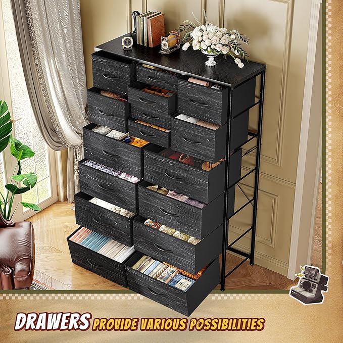 57“H Dresser for Bedroom with Drawers, Fabric Dressers & Chests of Drawers, Large Black Dresser with Sturdy Metal Frame, Wood Top,Entryway, Hallway
