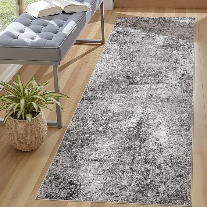Washable Runner Rug for Hallway: 3x8 Neutral Modern Abstract Low Pile Area Rug with Non-Slip Backing - Carpet for Bedroom Kitchen Laundry Entryway Bathroom Indoor - Grey