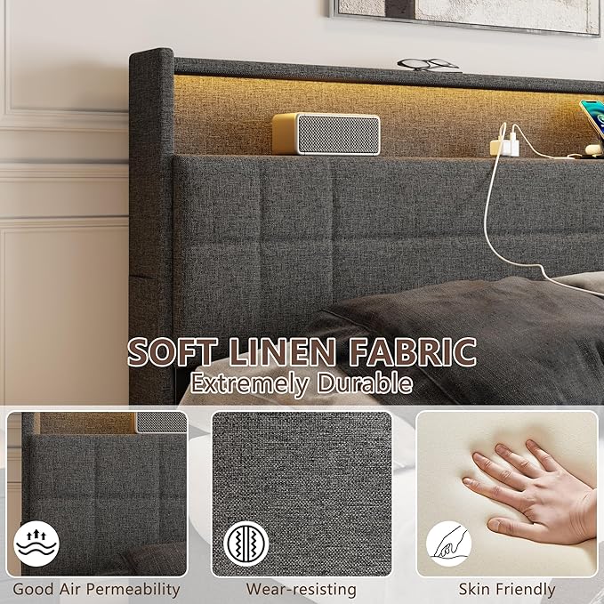 Forestell Queen Bed Frame with Headboard, Grey Upholstered Platform Bed with 4 Storage Drawers, Built-in LED Lights & Charging Station, Metal Slats Support, No Box Spring Needed, Cama Queen Size
