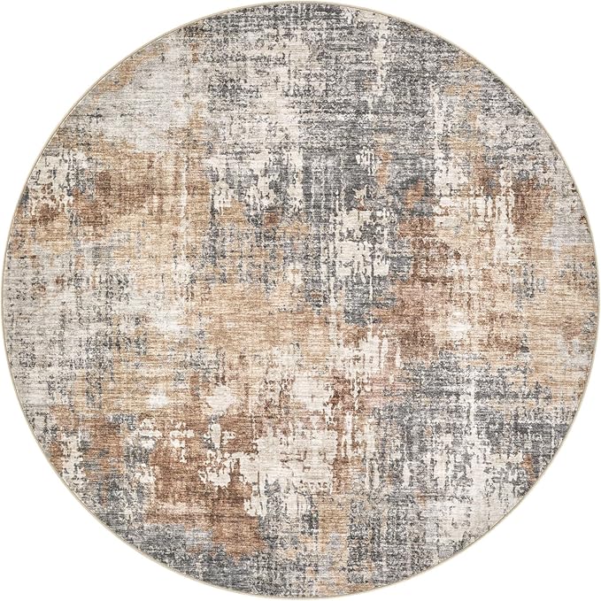 5ft Round Area Rug Living Room Rugs - 5x5 Washable Large Soft Indoor Neutral Modern Abstract Low Pile Rug Carpet for Bedroom Dining Room Farmhouse Home Office - Grey Brown