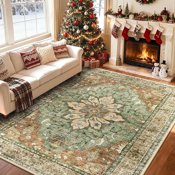 Area Rugs 8'x10' Washable Non-Slip, Floral Vintage Distress Print Pattern Medallion Carpet for Living Room Bedroom Dining Room, Brick Red Rust Neutral Brown Burnt Orange Green