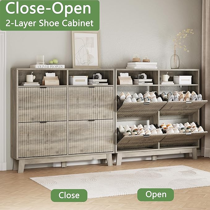 Shoe Cabinet with 4 Flip Drawers, 46" Tall Narrow Fluted Shoe Storage Organizer for Entryway, Hidden Slim Wooden Shoe Rack Cabinet for Front Door Entrance, Hallway, Living Room, Light Grey
