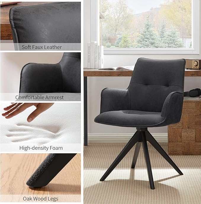 Art Leon Accent Chair Set of 2 - Mid Century Modern Desk Chair No Wheels, Faux Leather Upholstered Office Chair with Black Oak Wood Legs for Small Space Living Room Bedroom, Black