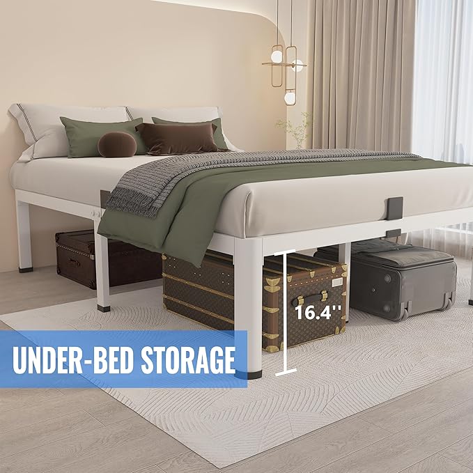 MAF 18 Inch Twin Bed Frames White with Round Corner Legs Mattress Slide Stopper No Box Spring Needed Heavy Duty Metal Platform Bed Frame Under-Bed Storage Space, 3000 LBS Steel Slats Support