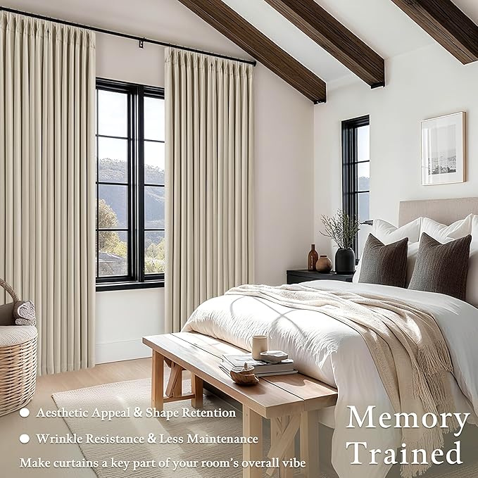 Beige Oatmeal Linen Pinch Pleated 100% Blackout Curtains 90 Inch Length 2 Panels Set Pinch Pleat Curtains Black Out Blocking Room Darkening Drapes with Liner for Bedroom Living Room Window 40x90
