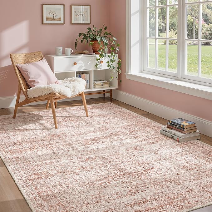 5x7 Area Rugs Pink Low Pile Indoor Washable Trendy Faded Style Rugs for Bedroom Living Room Dining Room Foldable Non-Slip Thin Print Mat