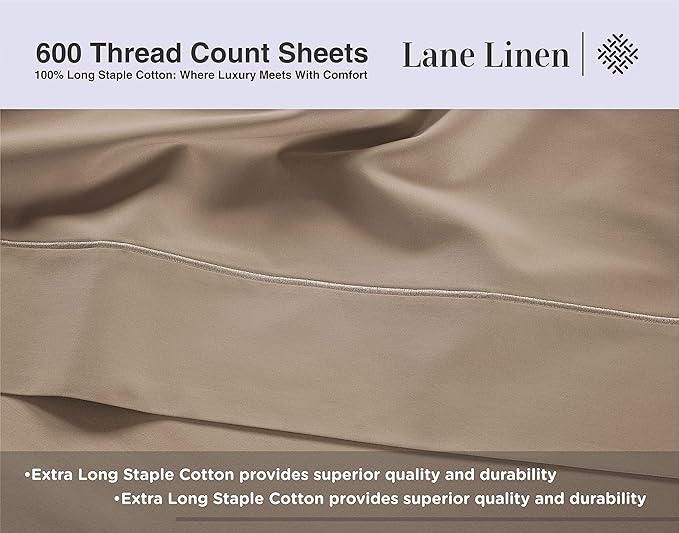 Lane Linen 100% Cotton Bed Sheets – 600 Thread Count Cooling Sheets Queen, Durable Daily Use Bedding, Value Comfort for Nightly Rest, Hotel Sateen Finish, Snug Fit 15" Deep Pocket Fitted Sheet – Taupe