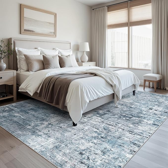 Abstract Rug 8x10 Large Living Room Rugs Neutral Modern Washable Area Rugs for Bedroom Dining Room Non-Slip Stain Resistant Foldable Thin Blue