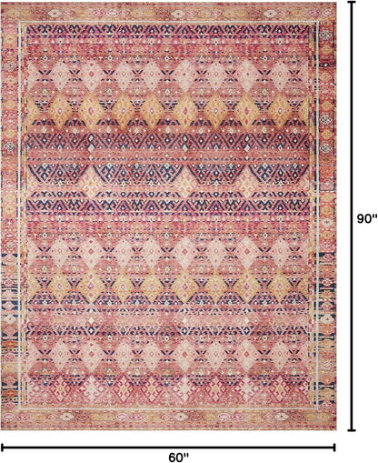 Loloi Layla Collection LAY-15 Magenta/Multi 5'-0" x 7'-6" .13" Thick Area Rug, Soft, Durable, Vintage Inspired, Distressed, Low Pile, Non-Shedding, Easy Clean, Printed, Living Room Rug