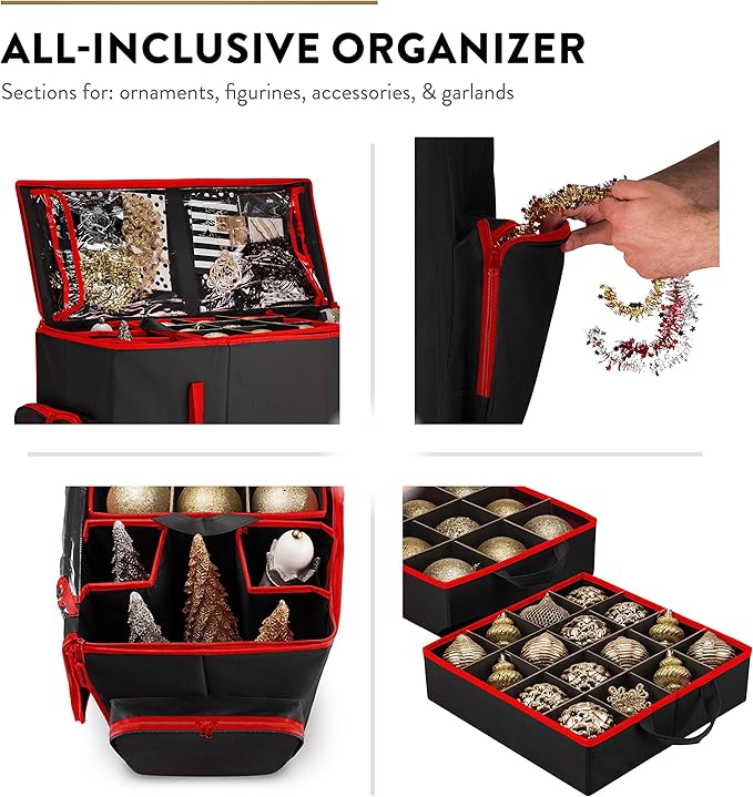 ZOBER All in One Christmas Ornament Storage Box & Decoration Container - Easy Access Removable Trays, Keeps 73 Ornaments - Adjustable Extent Area for Figurines and Pockets for Decoration - Black