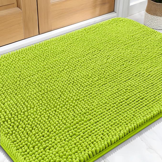 OLANLY Dog Door Mat for Muddy Paws 30x20, Absorbs Moisture and Dirt, Absorbent Non-Slip Washable Doormat, Quick Dry Chenille Mud Mat, Entry Indoor Entryway Carpet for Inside Floor, Bright Green