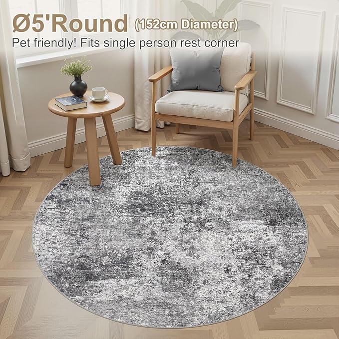 5ft Round Area Rug Living Room Rugs - 5x5 Washable Large Soft Indoor Neutral Modern Abstract Low Pile Rug Carpet for Bedroom Dining Room Farmhouse Home Office - Grey