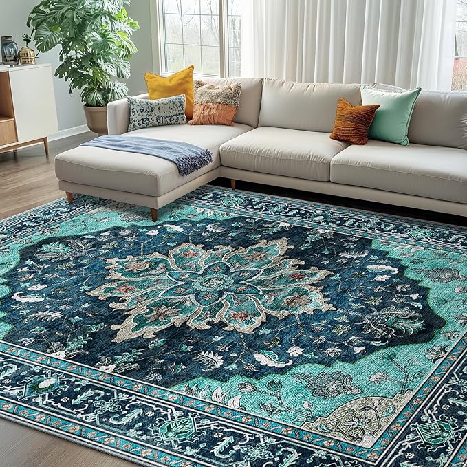 Area Rugs 7'x10' Washable Non-Slip, Floral Vintage Distress Print Pattern Medallion Carpet for Living Room Bedroom Dining Room, Teal Green Lake Blue Turquoise