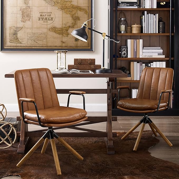 Art Leon Desk Chair No Wheels, Set of 2, Mid Century Modern Swivel Chair with Oak Wood Legs, Faux Leather Home Office Desk Chairs for Bedroom Living Room, Yellow Brown