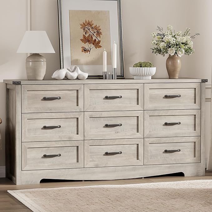 Dresser for Bedroom with 9 Drawers, 63" Wide Wood Chest of Drawers with Deep Drawers & Mental Handle, Modern Dresser TV Stand, Wooden Closet Storage Organizer for Living Room, Hallway, Entryway, Grey