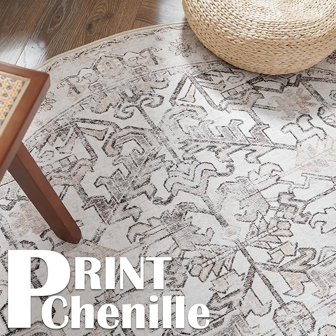 jinchan Lima Round Rug 5ft Vintage Machine Washable Area Rug Indoor Circle 5' Ultra-Thin Non-Slip Floral Print Carpet for Farmhouse Entryway Dining Room Living Room Bedroom Office (5'Round, Taupe)