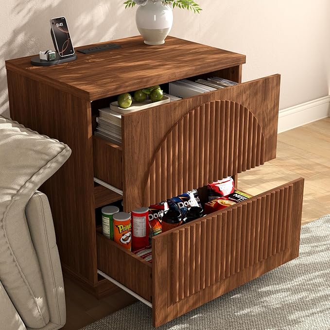 Yechen Nightstand with Drawers, Modern Arched Reeded Wood Nightstand with Charging Station, Wooden Night Stand with Storage,Bedside End Tables for Bedroom, Walnut