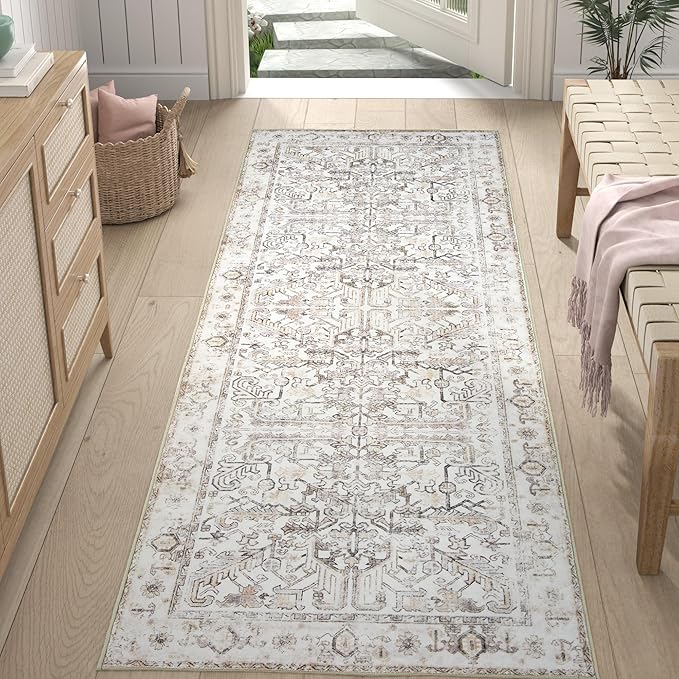 jinchan Runner Rug 2x5 - Vintage Hallway Machine Washable Rug Floral Non Slip with Rubber Backing Ultra-Thin Carpet Runner for Kitchen Bedroom Laundry Room Farmhouse Entryway (2x5ft,Taupe)