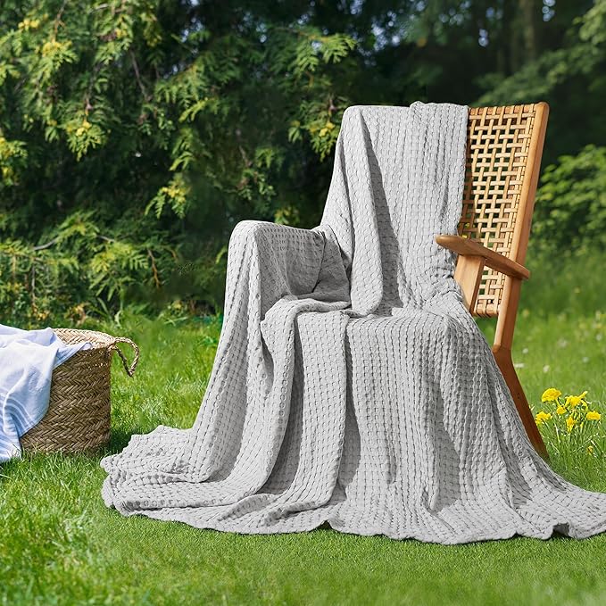 Aganear Waffle Blanket - Lightweight Breathable Summer Blanket of 50% Cotton and 50% Rayon Derived from Bamboo for Hot Sleepers Luxury Throws for Bed, Couch and Sofa,Grey,104x90 Inches