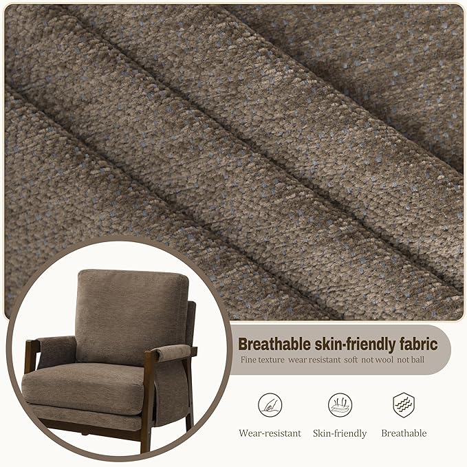 Dark Brown Accent Chair for Bedroom & Living Room, Mid Century Modern Accent Arm Chair, Upholstered Anthropologie Accent Chair with Solid Wood Frame, Fabric