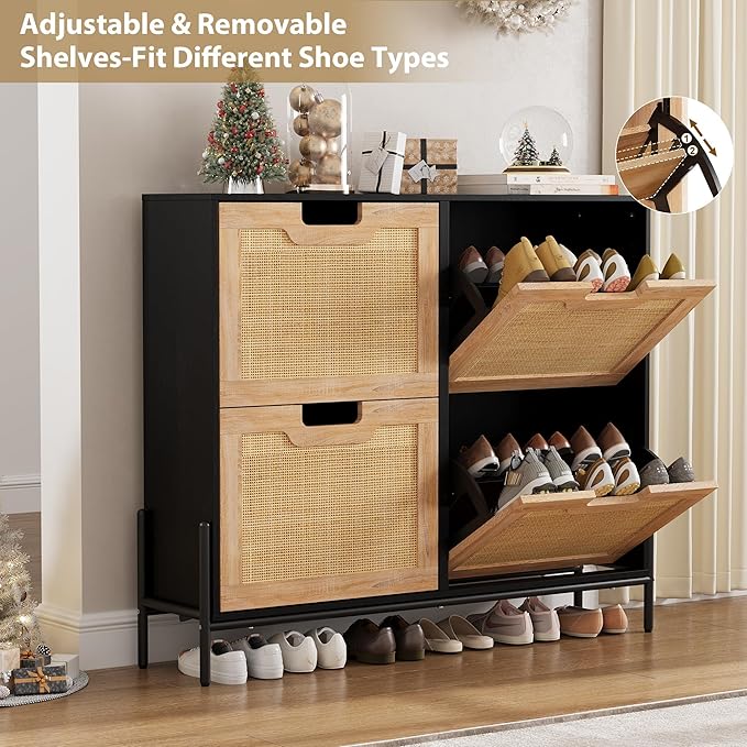 IDEALHOUSE Natural Rattan 4 Flip Door Shoe Cabinet Organizer Freestanding, Modern Shoe Rack Storage Organizer with 3-Tier Adjustable Shelves for Entryway, Closet, Hallway