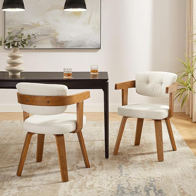 Art Leon Modern Dining Chairs - Set of 2 Mid Century Dining Chairs Fabric Upholstered Swivel Chairs Comfy Desk Chair No Wheels Accent Arm Chair for Kitchen Living Room Study, Off White/Walnut