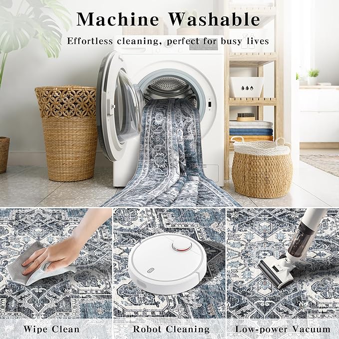 4x6 Area Rug for Bedroom Machine Washable Low Pile Vintage Distressed Rugs Stain Resistant Faux Wool Rug Ultra Soft Non-Slip Area Rugs for Living Room, Playroom, Kitchen,Home Office