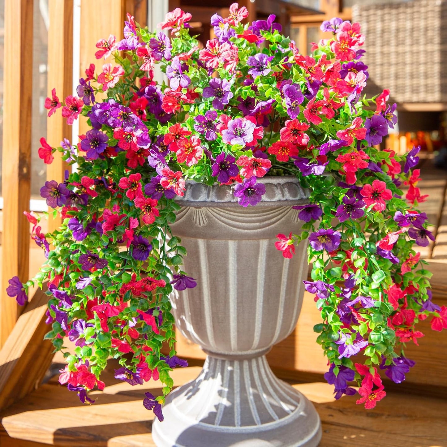 Artificial Faux Hanging Flowers Plants for Spring Outdoor Outside Decoration, 2 PCS Fake Silk Daisy with Eucalyptus UV Resistant Realistic Trailing Vines for Balcony Patio Porch (Darkpurple+Hotpink)