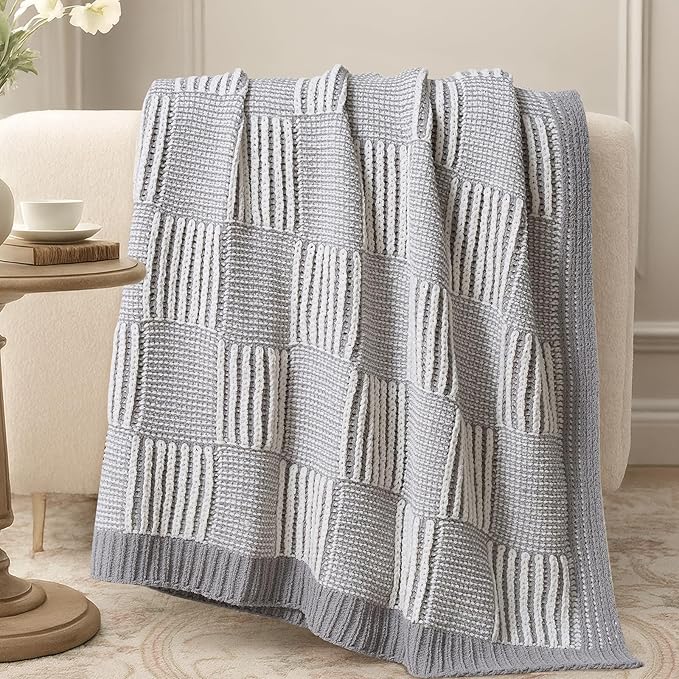 Amélie Home Checkered Knit Throw Blanket for Couch, Chenille Texture Decorative Soft Blanket for Sofa & Chair, 50"x60", Grey & White