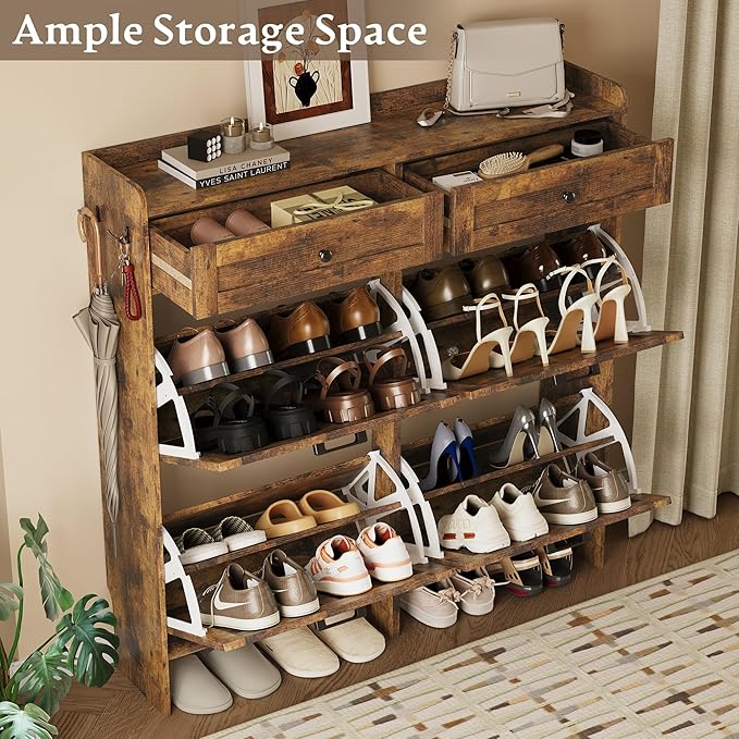Shoe Storage Cabinet for Entryway, Farmhouse Wide Shoe Cabinet with 4 Flip Drawers and 2 Top Drawers, Freestanding Organizer with Adjustable Shelves, Hooks, and Anti-Tip Kit for Hallway