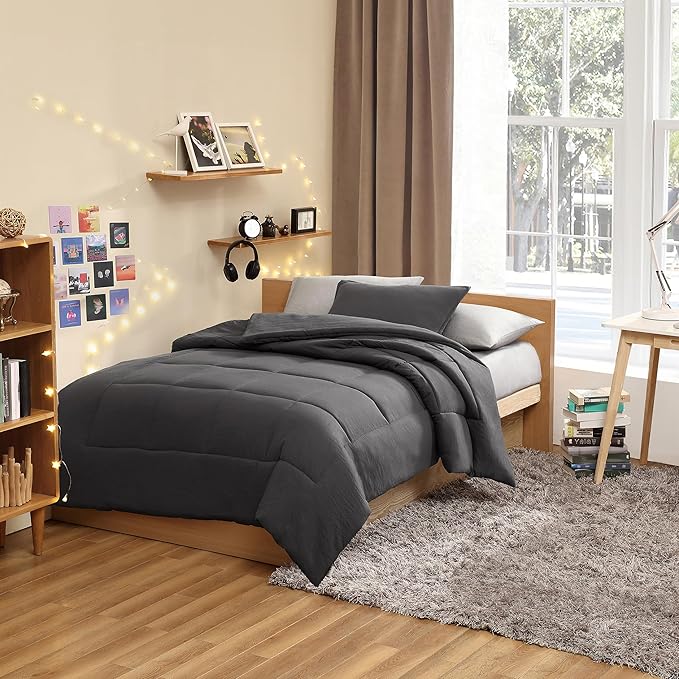 UGG Twin/XL Twin Comforter Set with 1 Pillow Sham, Lightweight Down Alternative Blanket, All Season, Washable & Hypoallergenic Bedding Set for College Apartment, Dorm Essential, Charcoal Grey (Lenora)