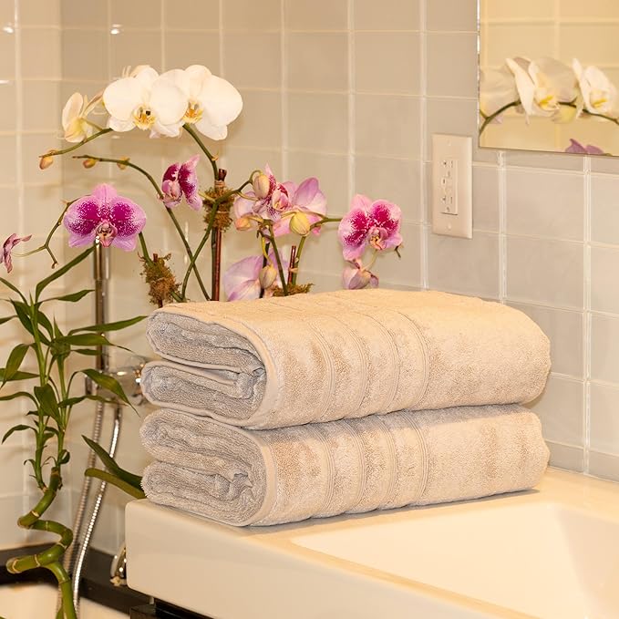 Mosobam Luxury Turkish 6pc Mixed Bath Bundle 2 Sizes for Body Towels and 2 for Mats Light Grey (Gray) 700 GSM & 1000 GSM Bamboo Viscose & Aegean Turkish Combed Cotton