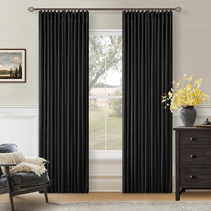 Black 80 Inch Pinch Pleated Black Out Curtains 2 Panel Set for Living Room Pinch Pleat Linen Drapes with Liner 80 Inches Long 100% Blackout Light Blocking Energy Saving Curtain for Dining Bedroom