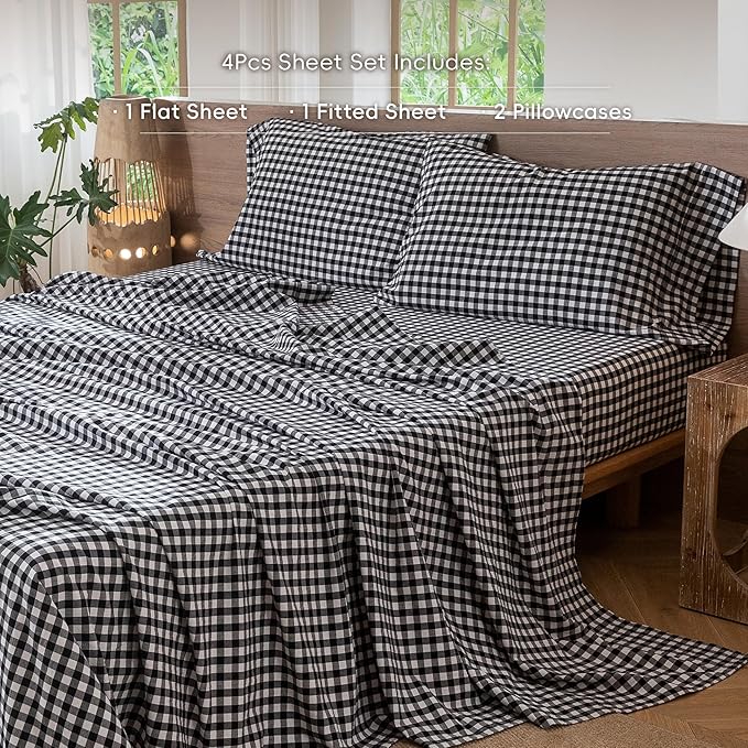 MooMee Gingham Sheet Set 100% Washed Cotton Linen Like Textured Breathable Soft w/Fully Elasticized 16-19" Deep Pocket (Classic Gingham Black White, Queen)
