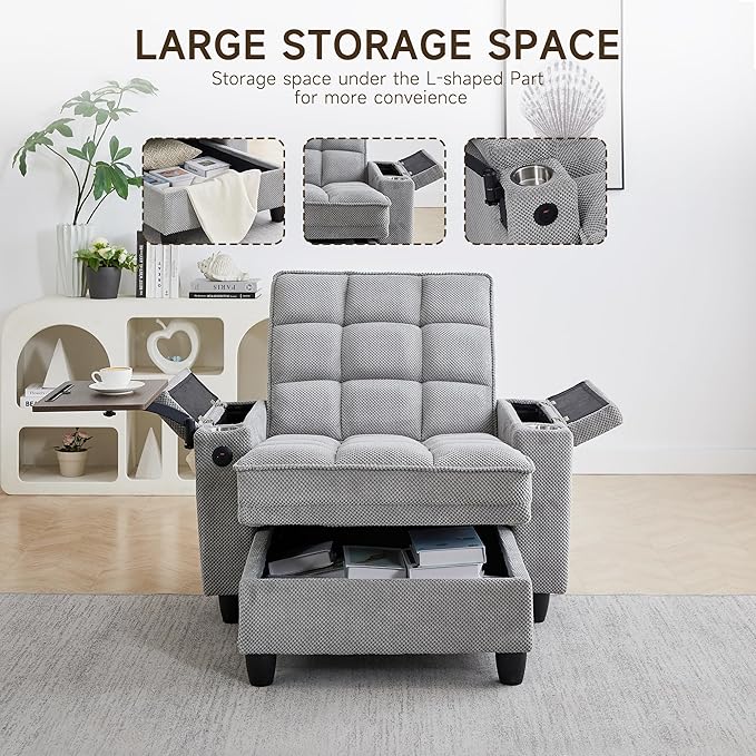 41.7" Chaise Lounge Chair Indoor, Oversized Boucle Upholstered Sofa Bed, Adjustable Backrest Deep Seat Reading Chair, Sofas Couches for Living Room with Storage, Cup Holders & 360° Swivel Side Table
