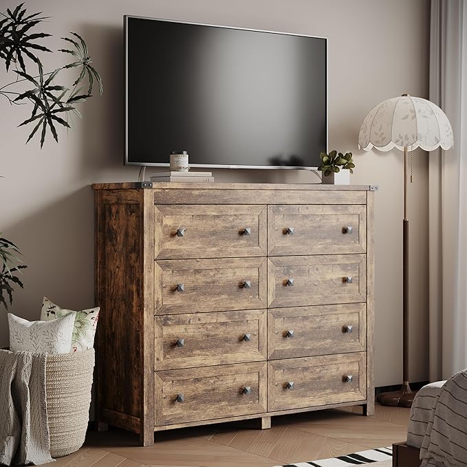 Dresser for Bedroom with 8 Drawers, Farmhouse Wood Chest of Drawers, Wide TV Stand Closet Storage Furniture with Metal Handle, Modern Clothes Organizer for Hallway, Living Room, Entryway, Brown