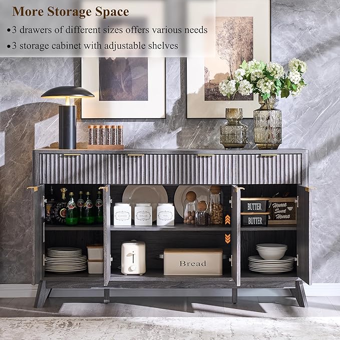 T4TREAM Large Buffet Sideboard Cabinet with Storages, 60" Fluted Modern Buffet Table Coffee Bar Wine Bar Storage Cabinet with 3 Drawers & 4 Doors for Dining Room, Living Room, Hallway(Dark Alder)
