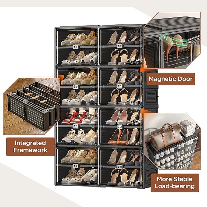 Black Shoe Rack Organizer Cabinet for Closet Entryway,Clear Shoe Storage Boxes Stackable Sneaker Storage with Door Easy Assembly Shoe Cabinet with Lids Large 8 Tiers 32 Pairs