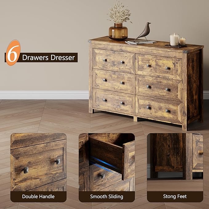 Dresser for Bedroom with 6 Drawers, Farmhouse Wood Chest of Drawers, Wide TV Stand Closet Storage Furniture with Metal Handle, Modern Clothes Organizer for Hallway, Living Room, Entryway, Brown