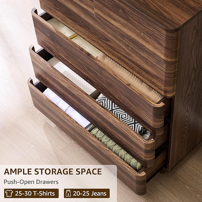 ACCOHOHO 6 Drawer Dresser for Bedroom, 42 Inch Tall Modern Chest of Drawers, Push-to-Open Wood Storgae Organizer with Large Drawers for Bedroom, Living Room, Hallway, Brown