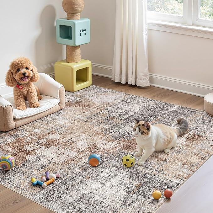 Square Area Rug Living Room Rugs - 6x6 Washable Large Soft Indoor Neutral Modern Abstract Low Pile Rug Carpet for Bedroom Dining Room Farmhouse Home Office - Grey Brown