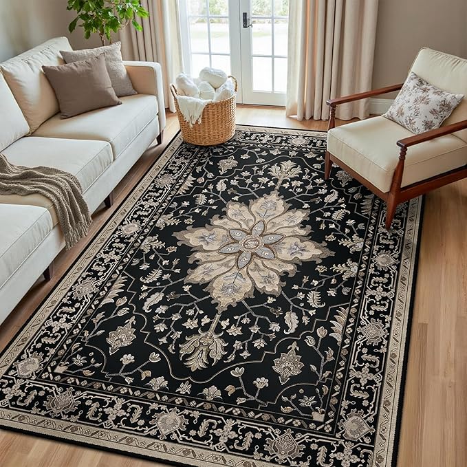 Area Rugs 5'x8' Washable Non-Slip, Floral Vintage Distress Print Pattern Medallion Carpet for Living Room Bedroom Dining Room, Black Brown Neutral Dark Tan