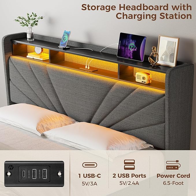 Rolanstar Full Size Bed Frame, Storage Headboard with Charging Station and LED Lights, Upholstered Bed with Heavy Duty Wood Slats, No Box Spring Needed, Noise Free, Easy Assembly, Dark Grey