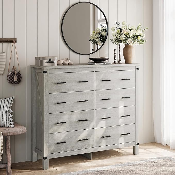 LINSY HOME Farmhouse 8 Drawer Double Dresser for Bedroom, 50” Wide Rustic Wood Chest with Deep Drawers, Modern Dressers with Storage and Metal Handles for Closet, Living Room, Hallway, Wash Grey