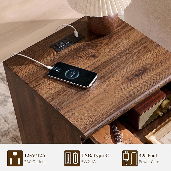 ACCOHOHO Modern Night Stand with Arched Panel,18" Wooden nightstand with Charging Station,Bedside Table with Drawer Storage,Side End Table with Open Shelf for Bedroom,Living Room,Brown