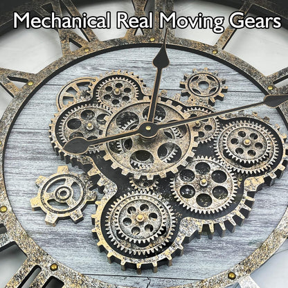 DORBOKER 27" Original Moving Gears Wall Clock, Large Industrial Wall Clock for Living Room Decor, Retro Metal Solid Wood Vintage Farmhouse Steampunk Rustic Clocks for Wall Decor,Silver Grey