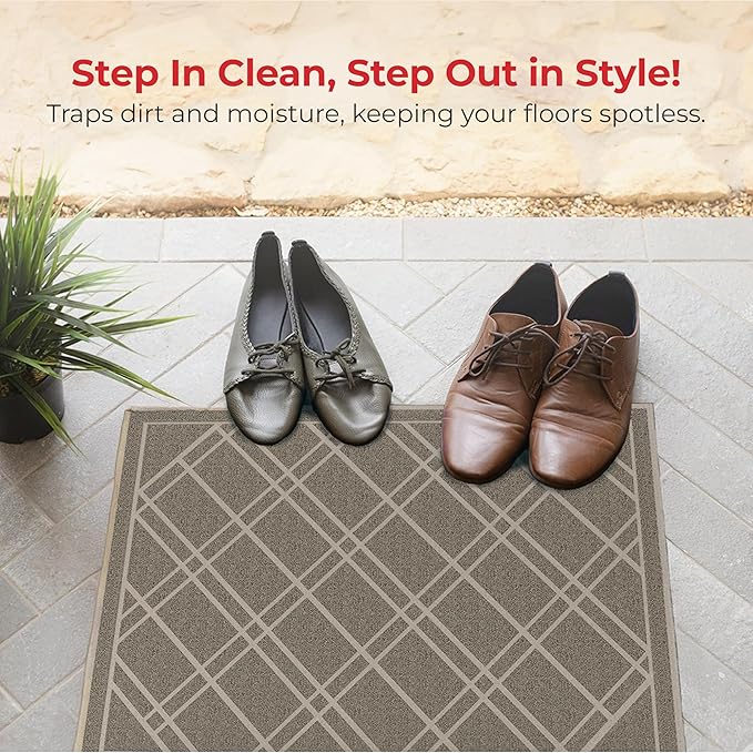SlipToGrip Universal Door Mat, Plaid Design - Taupe, 35 x 23 - Anti Slip, Durable & Washable, Outdoor & Indoor Floor Welcome Mat Door Mat Entry Rug for Garage, Patio, Front Door, Dust Absorbent