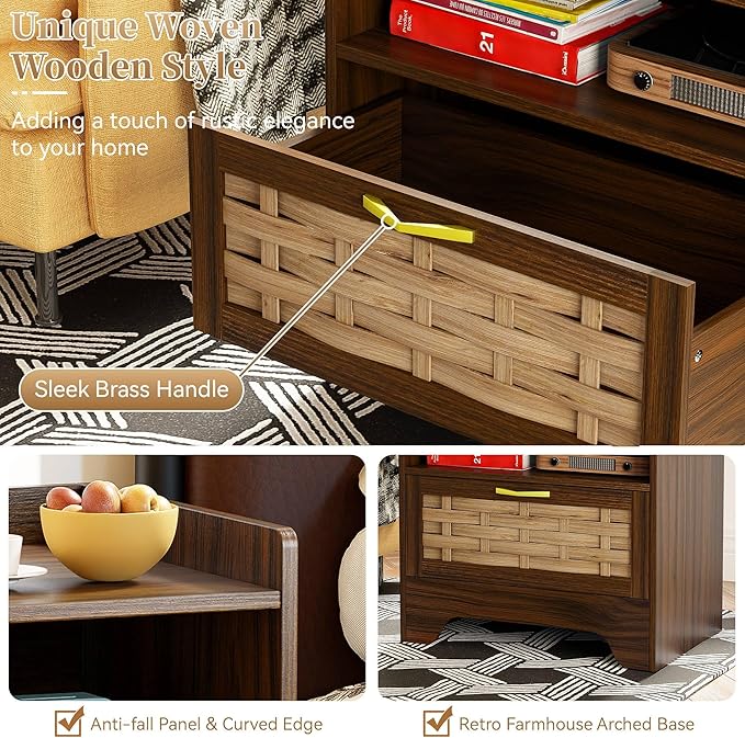 24" Rattan Nightstand Set of 2, Walnut Bedside Table with Semi Open Cubby, Boho Night Stand with Farmhouse Arched Base for Bedroom, Side Table, End Table for Dorm